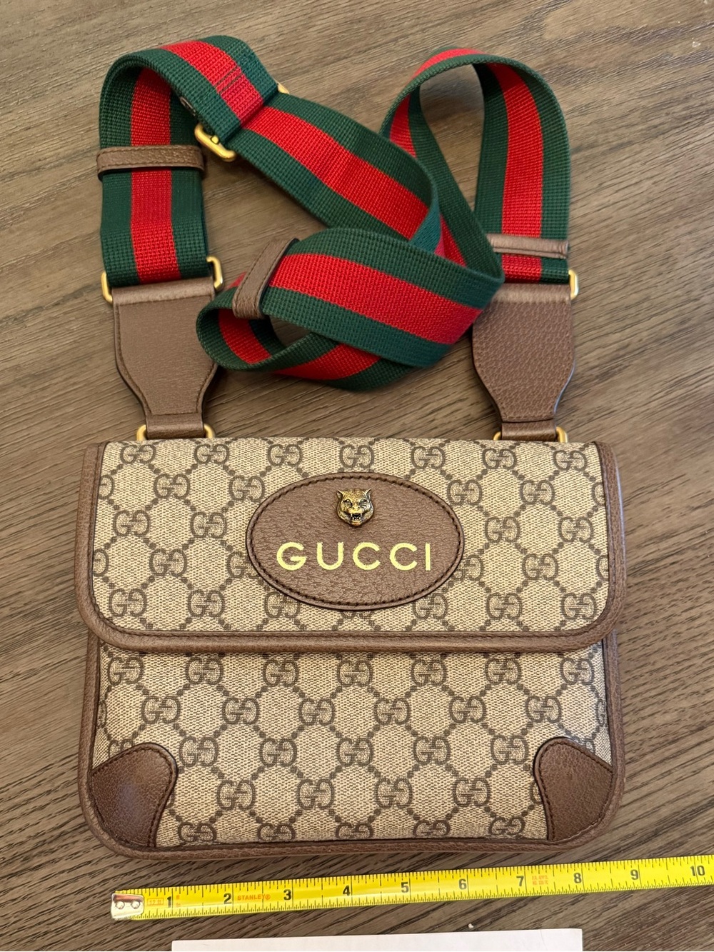 GUCCI Neo Double Flap Brown GG Canvas Messenger Green-Red Web Strap Monogram